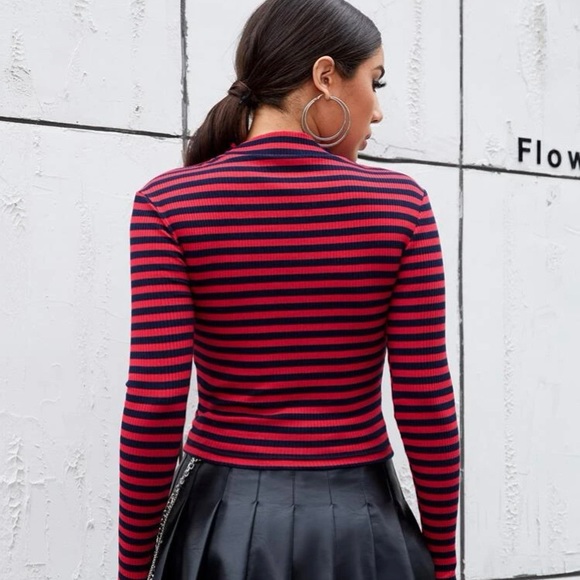 Red and black Mock-Neck Rib-Knit Striped Tee - Picture 3 of 3